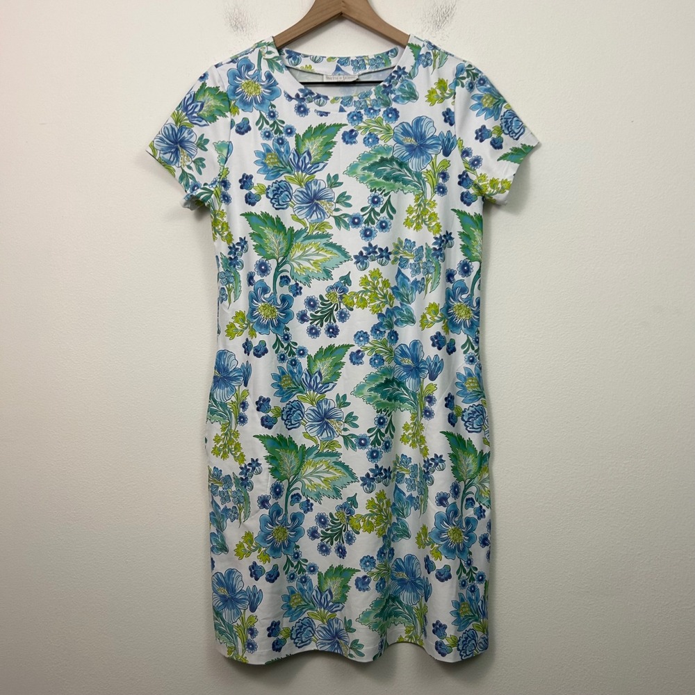Smith & Quinn Womens Small Blue Green Floral Short Sleeve Shift Dress Stretch